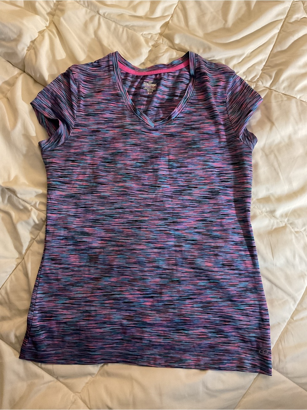 Spalding Women’s V-Neck Performance Tee in Purple/Pink Space-Dye